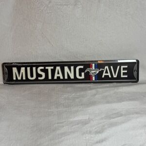 MUSTANG AVE Embossed Metal Garage Sign Ford TriBar Pony Logo SEALED 20" x 3.5"